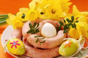 Easter Kiełbasa on a plate decorated for Easter